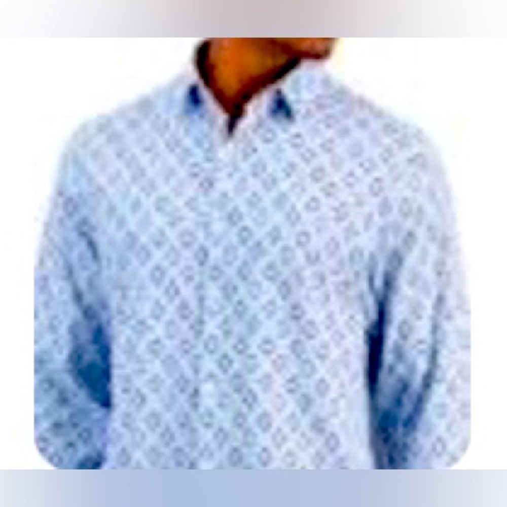 Alfani Linen Long Sleeve Button Down Dress Shirt Large Blue Geometric Print NEW